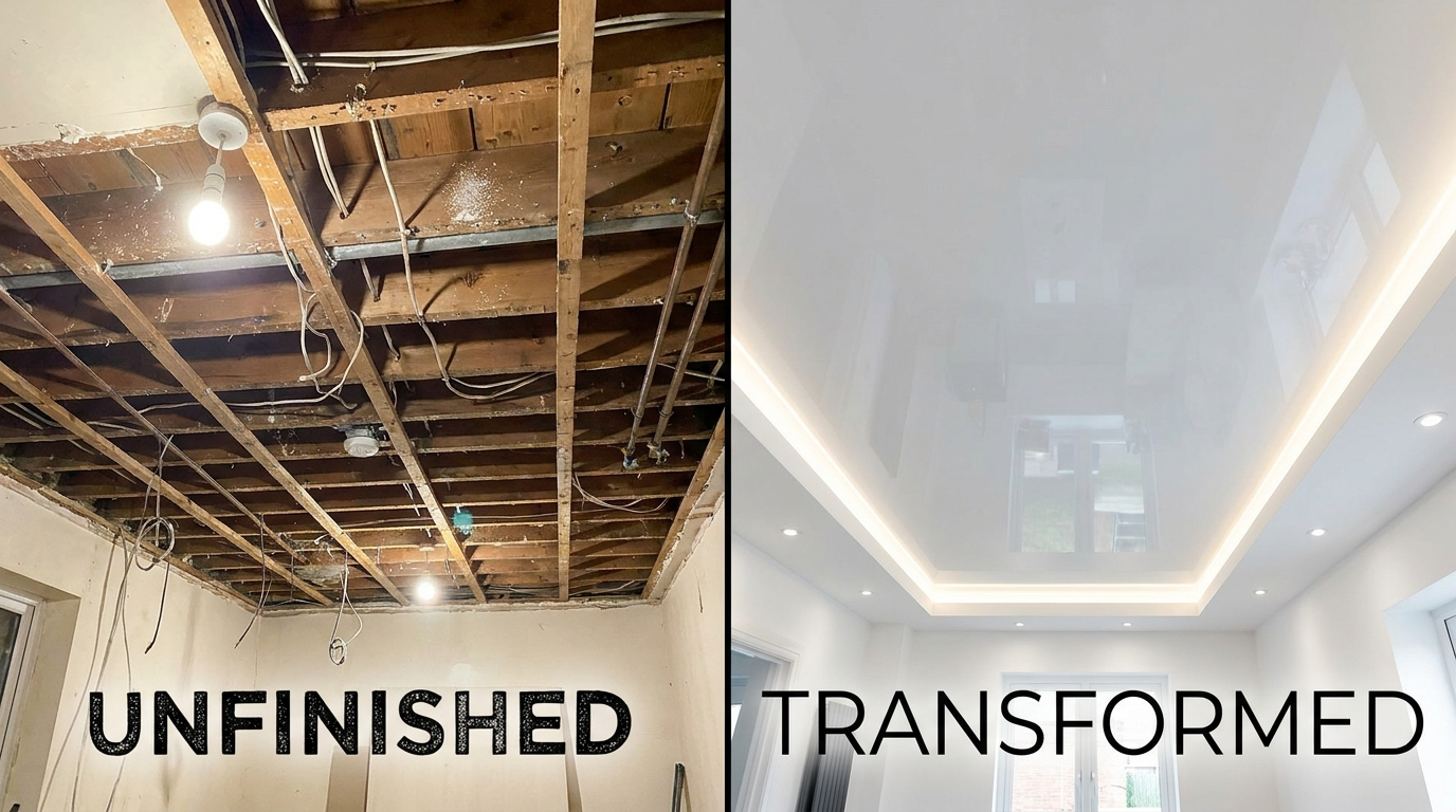 Stanza prima e dopo il soffitto teso