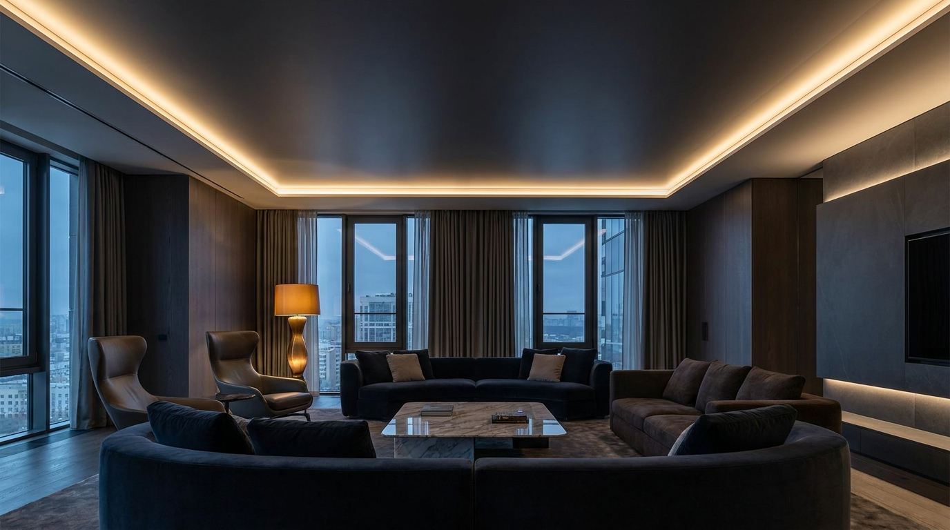 Soffitto teso lucido in un soggiorno moderno